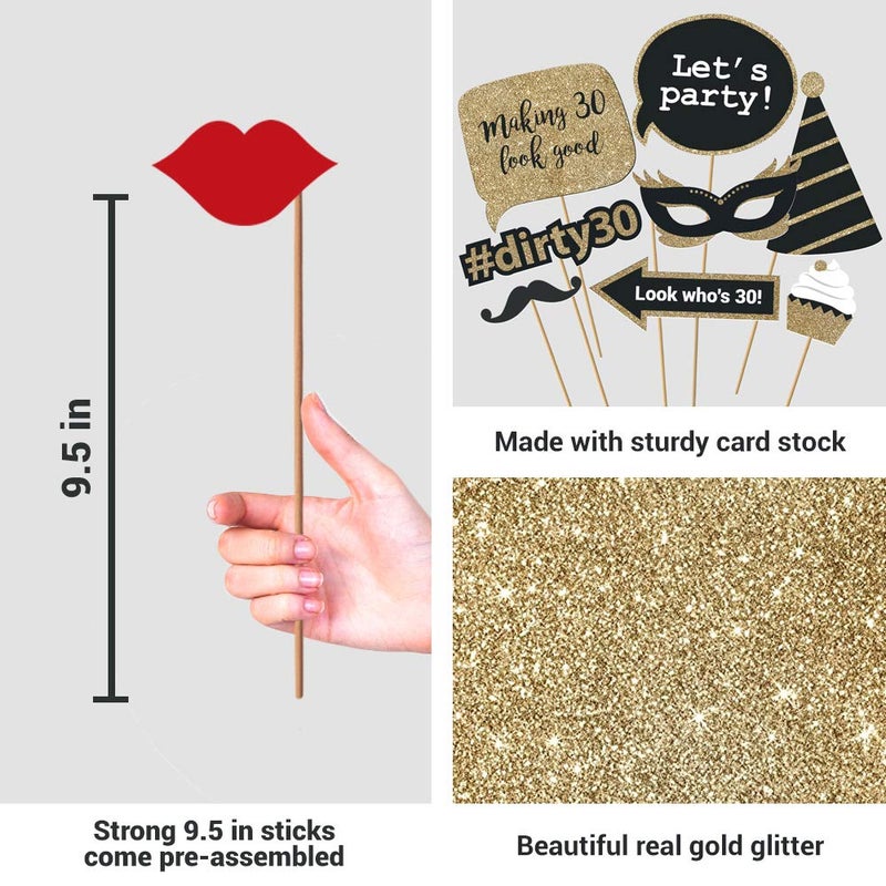 Perfect Occasion Fully Assembled 30th Birthday Photo Booth Props - Set of 30 - Black & Gold Selfie Signs - 30th Party Supplies & Decorations - Cute Bday Designs with Real Glitter - Did We Mention No DIY - Image 3